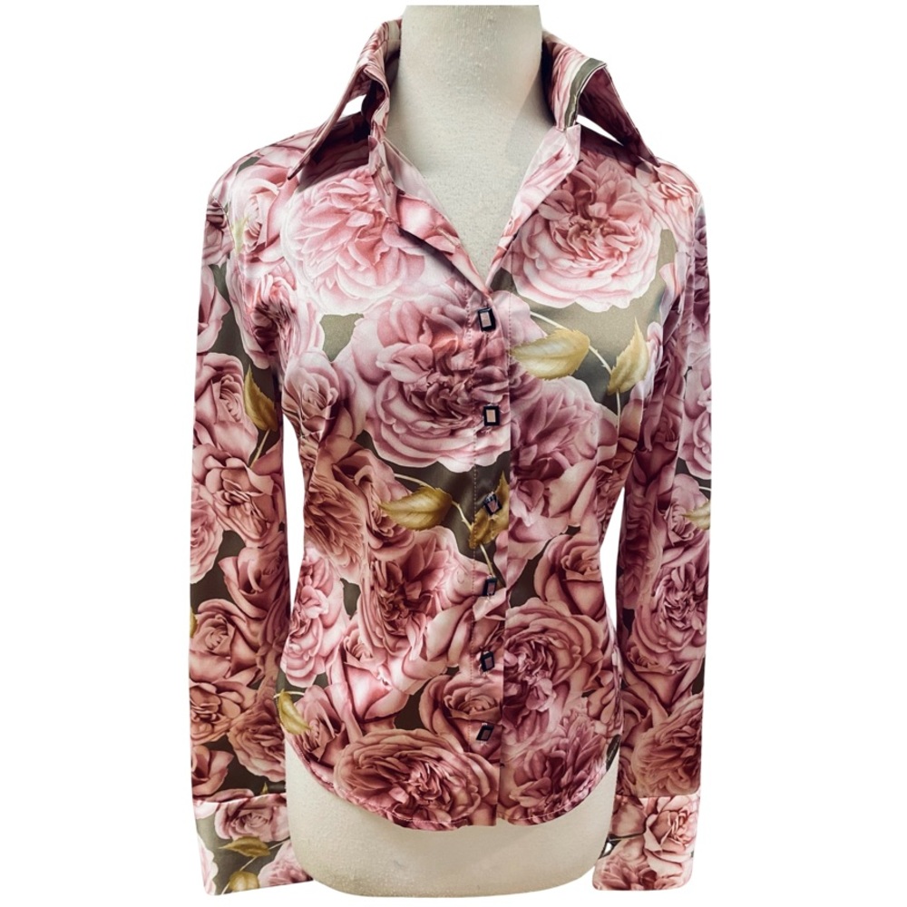 TALBOT RUNHOF Couture Munich Germany Silk Satin Stretch “Roses” Blouse 40/10